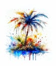 Watercolor drawing of a palm tree on a rocky tropical island. Isolated on white background. (Additional PNG format) Royalty Free Stock Photo