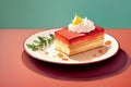 Watercolor drawing of a piece of sponge cake with topping and whipped cream