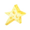 Watercolor drawing piece of star yellow cheese. Mouse favorite food. Illustration on white background