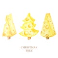 Watercolor drawing piece of triangular yellow cheese. Mouse favorite food. Cheese Christmas tree. Illustration on white