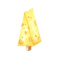 Watercolor drawing piece of triangular yellow cheese. Mouse favorite food. Cheese Christmas tree. Illustration on white