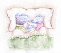 Watercolor drawing postcard - mouse family is sleeping