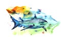 Watercolor drawing of a predatory shark against the background of water and algae. For use in design