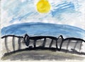 Watercolor drawing. Railroad, rails and sleepers on the background of the sunny sky
