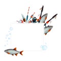 Watercolor drawing rectangle frame from various fishing bobblers, air bubbles, fish, spinning rods, red, white, blue and