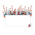 Watercolor drawing rectangle frame from various fishing bobblers, red, white, blue and black with fishing line. Angling