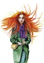 Watercolor drawing of a red-haired girl, where the hair develops in the wind in a green coat in a lilac scarf, with green eyes, in Royalty Free Stock Photo