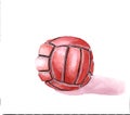 Watercolor drawing red leather volleyball ball on white background
