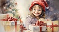 Watercolor drawing in retro style in which a little girl in a light sweater and a red hat sits among christmas gifts