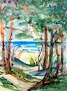 Watercolor drawing road through a pine forest and dunes to the sea, travel sketch