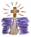 Watercolor drawing Road to Faith in purple and gold colors. Illustration of a glowing christian cross at the end of the path,