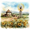 Watercolor drawing of a rural landscape, a windmill and a barn against a background of sunflowers Royalty Free Stock Photo