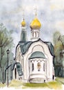 Watercolor drawing russian orthodox church on a cloudy day with trees around Royalty Free Stock Photo