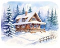 watercolor drawing of a rustic country house.
