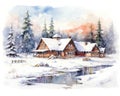 watercolor drawing of a rustic country house.