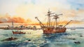 Gulf Of Indonesia Watercolor Illustration With Historic Ship In Traditional Art Style