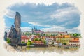 Watercolor drawing of Saints Cyril and Methodius statue on Charles Bridge Royalty Free Stock Photo
