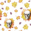 Watercolor drawing seamless background human skull for halloween with autumn yellow leaves and flowers in the eye sockets for prin