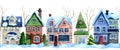 seamless border christmas street. cute winter houses, christmas trees, vintage style