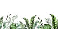 Watercolor drawing. seamless border with green tropical leaves. rainforest, palm leaves, monstera, banana composition, bouquet Royalty Free Stock Photo