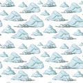 Watercolor drawing, seamless pattern, blue clouds on white background, fine pattern