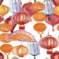 Watercolor drawing seamless pattern Chinese lantern, lamp festive garland new year Royalty Free Stock Photo