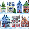 christmas street. cute winter houses on white background, Christmas trees, vintage style