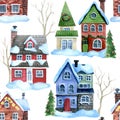 seamless pattern christmas street. cute winter houses on white background, Christmas trees, vintage style