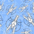 Watercolor drawing of a seamless pattern on a marine theme, cancer, lobster, river crayfish, with blue stripes, waves, sea, stripe Royalty Free Stock Photo