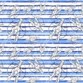 Watercolor drawing of a seamless pattern on a marine theme, cancer, lobster, river crayfish, with blue stripes, waves, sea, stripe Royalty Free Stock Photo