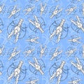 Watercolor drawing of a seamless pattern on a marine theme, cancer, lobster, river crayfish, with blue stripes, waves, sea, stripe Royalty Free Stock Photo