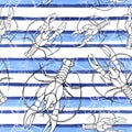 Watercolor drawing of a seamless pattern on a marine theme, cancer, lobster, river crayfish, with blue stripes, waves, sea, stripe Royalty Free Stock Photo