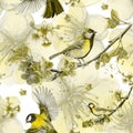 Watercolor drawing seamless pattern on the theme of spring, heat, illustration of a bird of a troop of passerine-shaped large tits Royalty Free Stock Photo