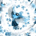 Watercolor drawing seamless pattern on the theme of spring, heat, illustration of a bird of a troop of passerine-shaped large tits Royalty Free Stock Photo