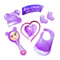 Watercolor drawing set: baby bodysuit and hat with ears, mittens and socks for newborns, joy of mom and daddy, magenta