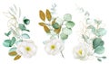 Watercolor drawing. A set of bouquets of white flowers and eucalyptus leaves with glitter golden shiny elements. clipart decoratio