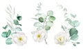 watercolor drawing, a set of bouquets of white rosehip flowers and eucalyptus leaves. clip art design for wedding, flowers and eu