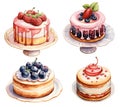 set of cakes and pastries with whipped cream, berries and chocolate. in vintage style, retro. Dessert