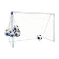 Watercolor drawing set of football or soccer goal frame with net, ball at the ground and several balls in mesh bag Royalty Free Stock Photo