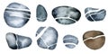 Watercolor drawing. set of sea stones of gray-blue color with white veins, stripes. isolated on white background stones, river peb