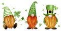 Watercolor drawing. set for st patrick`s day. cute gnomes, leprechauns in green clothes with a four-leaf clover. clipart character