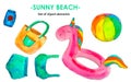 Watercolor drawing set Sunny beach made up of a beach bag, a multi-colored inflatable ball, a blue swimsuit, a can of