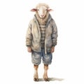 Watercolor Illustration Of Sheep In Animal Suit - Normcore Style