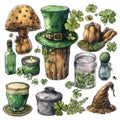 A watercolor drawing showcasing various symbols of St. Patricks Day, shamrocks, leprechauns, rainbows, pots of gold