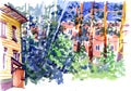Watercolor drawing. Sketch of an old house in the yard. Royalty Free Stock Photo