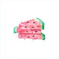 Watercolor drawing of slices of watermelons with seeds and paint splashes.  Isolate Royalty Free Stock Photo