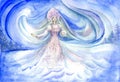 Watercolor drawing of a snowy girl on a background of a winter blizzard. Character of Russian fairy tales, granddaughter