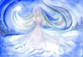 Watercolor drawing of a snowy girl on a background of a winter blizzard. Character of Russian fairy tales, granddaughter