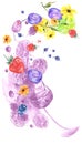 Watercolor drawing. Spilled wine, a fallen glass, a wine glass. Splash paint, a spilled drink, a spray.Calendula flower, currant b