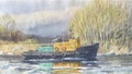 Watercolor drawing of spring landscape with motor boat going among ice floes along river bank